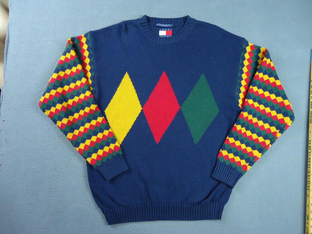 Vtg 90s Tommy Hilfiger Argyle Crewneck Sweater Mens XL Navy Colorblock Cotton